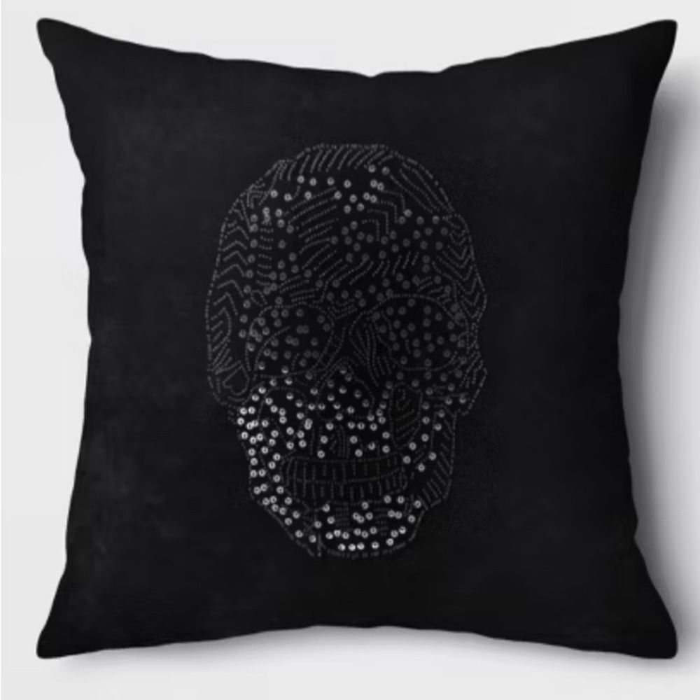 Threshold Black Velvet Decorative Pillow Sequin Beaded Skull Halloween Decor 18”
